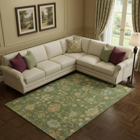 9' X 12' Fern Green Gold And Blue Floral Washable Area Rug With UV Protection