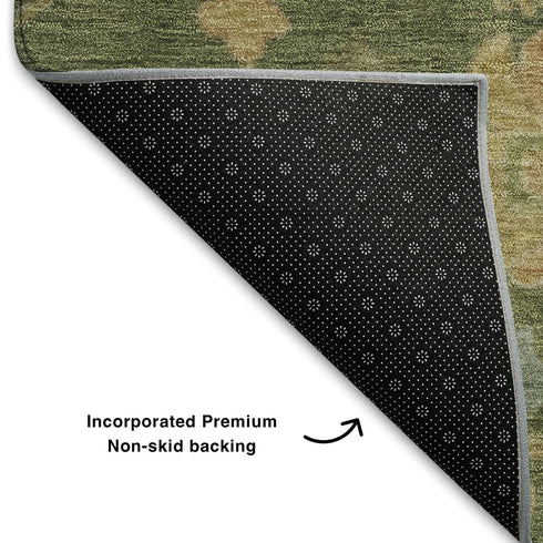 9' X 12' Fern Green Gold And Blue Floral Washable Area Rug With UV Protection