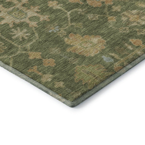 9' X 12' Fern Green Gold And Blue Floral Washable Area Rug With UV Protection