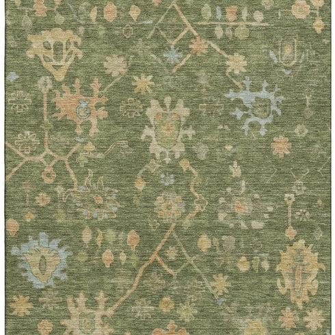 9' X 12' Fern Green Gold And Blue Floral Washable Area Rug With UV Protection