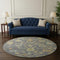 8' Gray Gold And Blue Floral Washable Round Rug With UV Protection