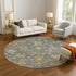 8' Gray Gold And Blue Floral Washable Round Rug With UV Protection