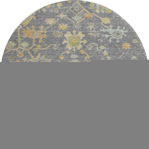 8' Gray Gold And Blue Floral Washable Round Rug With UV Protection
