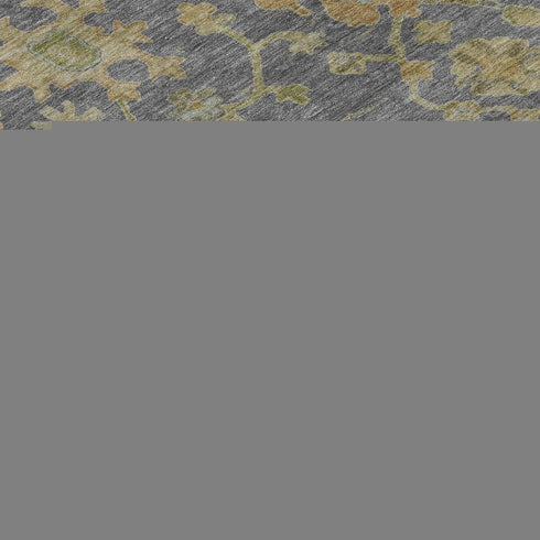 8' Gray Gold And Blue Floral Washable Round Rug With UV Protection