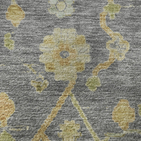 8' Gray Gold And Blue Floral Washable Round Rug With UV Protection