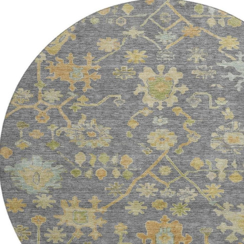 8' Gray Gold And Blue Floral Washable Round Rug With UV Protection
