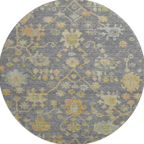 8' Gray Gold And Blue Floral Washable Round Rug With UV Protection