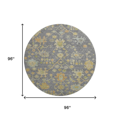 8' Gray Gold And Blue Floral Washable Round Rug With UV Protection