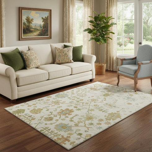 5' X 8' Ivory Gold And Blue Floral Washable Area Rug With UV Protection