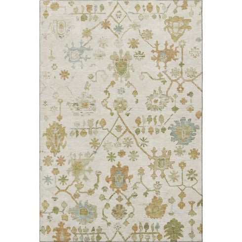5' X 8' Ivory Gold And Blue Floral Washable Area Rug With UV Protection