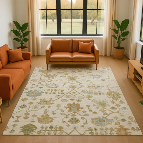 8' X 10' Ivory Gold And Blue Floral Washable Area Rug With UV Protection