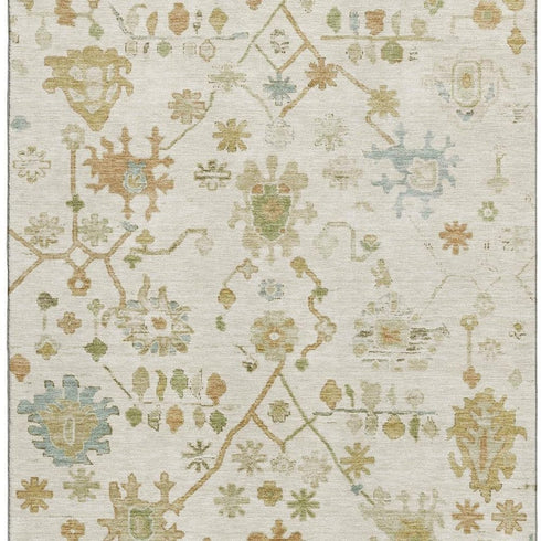 8' X 10' Ivory Gold And Blue Floral Washable Area Rug With UV Protection