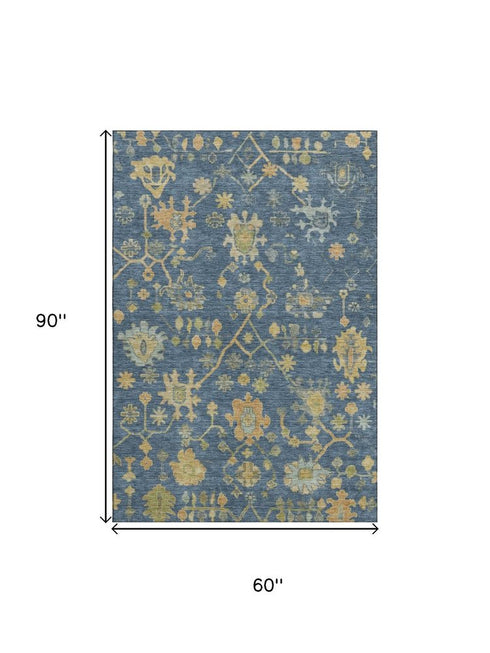 5' X 8' Navy Blue And Gold Floral Washable Area Rug With UV Protection