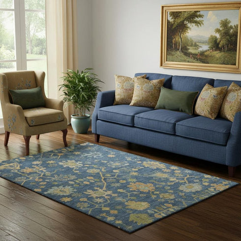 5' X 8' Navy Blue And Gold Floral Washable Area Rug With UV Protection