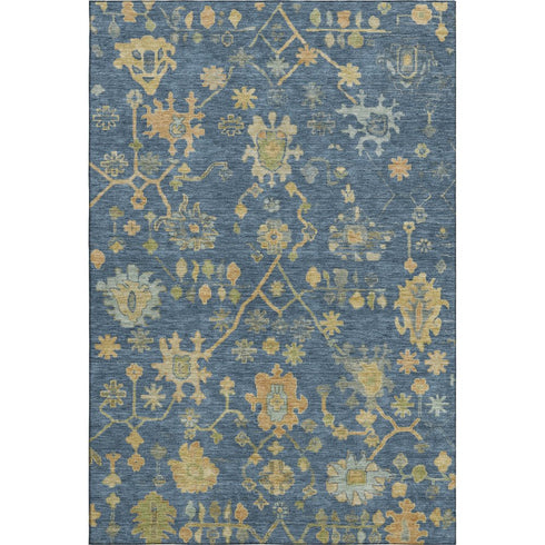5' X 8' Navy Blue And Gold Floral Washable Area Rug With UV Protection