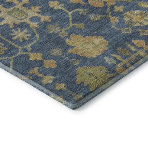 5' X 8' Navy Blue And Gold Floral Washable Area Rug With UV Protection
