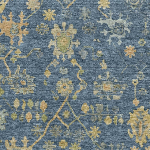 5' X 8' Navy Blue And Gold Floral Washable Area Rug With UV Protection