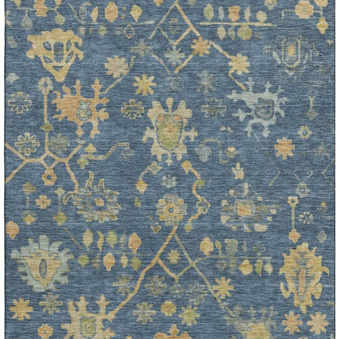 5' X 8' Navy Blue And Gold Floral Washable Area Rug With UV Protection