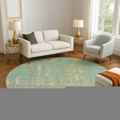 8' Teal Purple And Gold Abstract Washable Round Rug With UV Protection