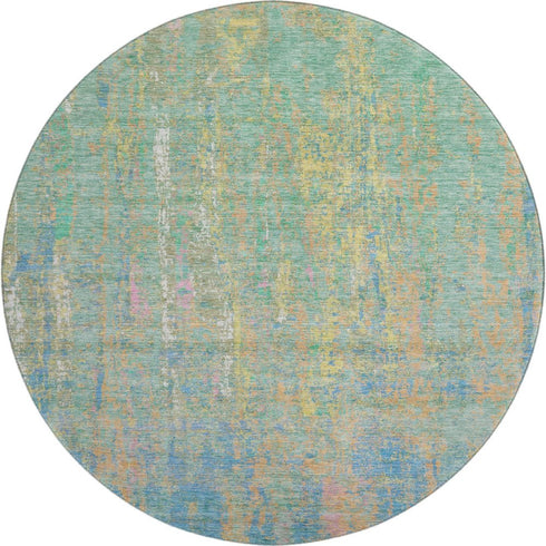 8' Teal Purple And Gold Abstract Washable Round Rug With UV Protection