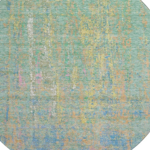 8' Teal Purple And Gold Abstract Washable Round Rug With UV Protection