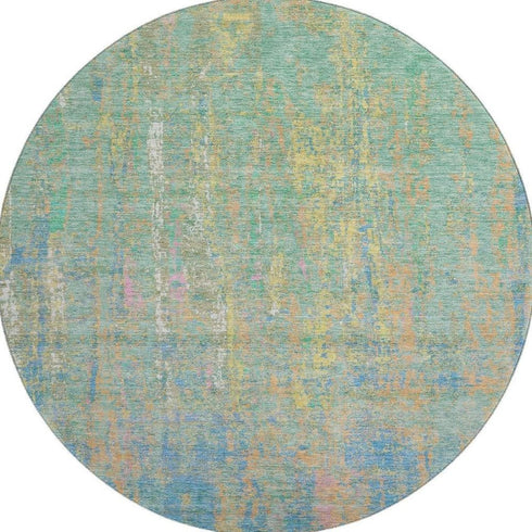 8' Teal Purple And Gold Abstract Washable Round Rug With UV Protection