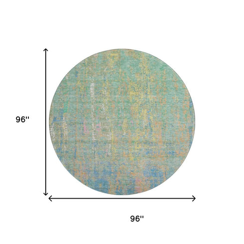 8' Teal Purple And Gold Abstract Washable Round Rug With UV Protection