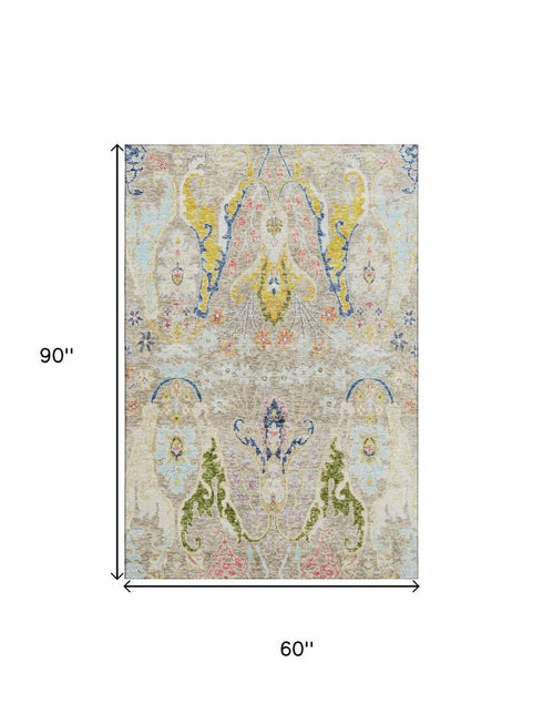 5' X 8' Beige Blue And Gold Floral Washable Area Rug With UV Protection