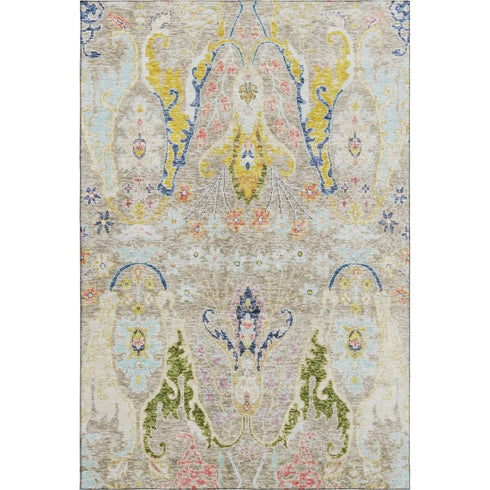 5' X 8' Beige Blue And Gold Floral Washable Area Rug With UV Protection