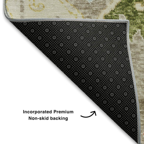 5' X 8' Beige Blue And Gold Floral Washable Area Rug With UV Protection