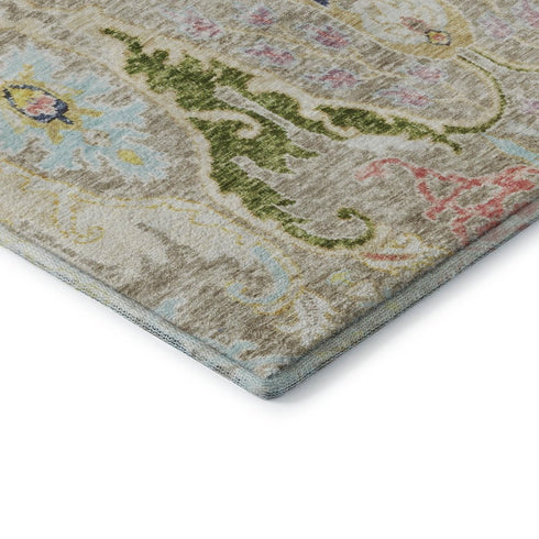 5' X 8' Beige Blue And Gold Floral Washable Area Rug With UV Protection