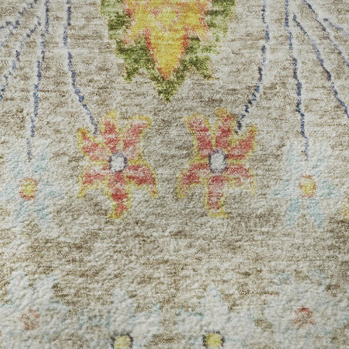 5' X 8' Beige Blue And Gold Floral Washable Area Rug With UV Protection