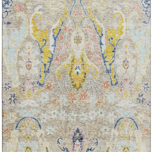 5' X 8' Beige Blue And Gold Floral Washable Area Rug With UV Protection