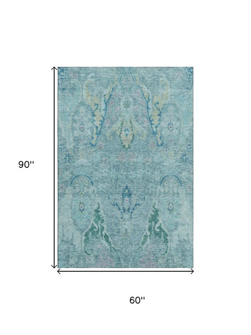 5' X 8' Blue Teal And Artichoke Green Floral Washable Area Rug With UV Protection