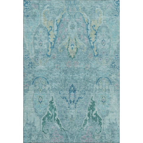 5' X 8' Blue Teal And Artichoke Green Floral Washable Area Rug With UV Protection