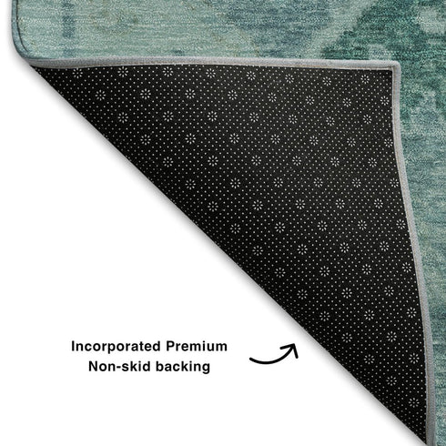 5' X 8' Blue Teal And Artichoke Green Floral Washable Area Rug With UV Protection