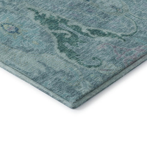 5' X 8' Blue Teal And Artichoke Green Floral Washable Area Rug With UV Protection