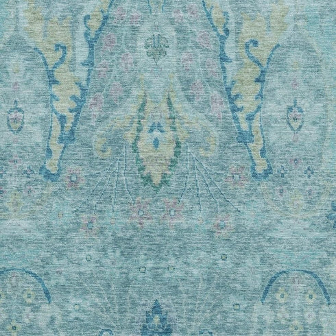 5' X 8' Blue Teal And Artichoke Green Floral Washable Area Rug With UV Protection
