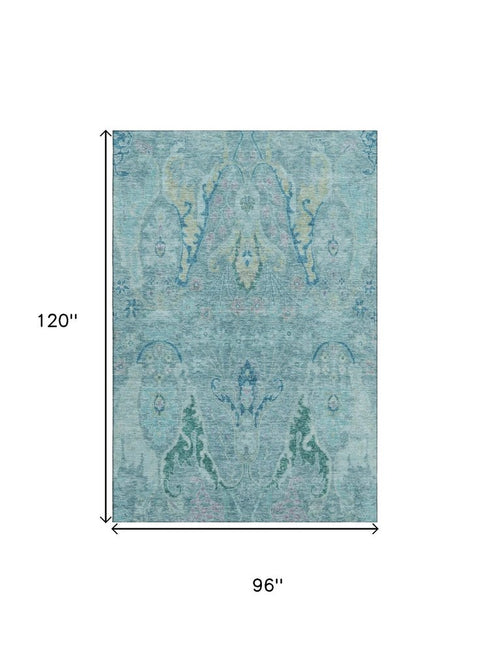 8' X 10' Blue Teal And Artichoke Green Floral Washable Area Rug With UV Protection
