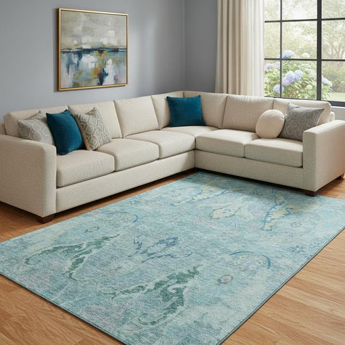 8' X 10' Blue Teal And Artichoke Green Floral Washable Area Rug With UV Protection