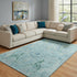 8' X 10' Blue Teal And Artichoke Green Floral Washable Area Rug With UV Protection