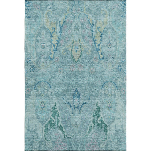 8' X 10' Blue Teal And Artichoke Green Floral Washable Area Rug With UV Protection