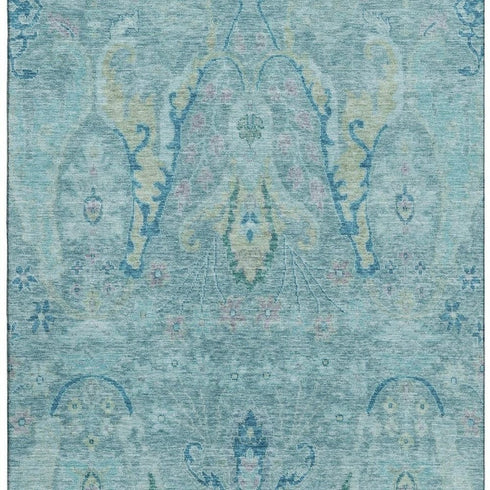 8' X 10' Blue Teal And Artichoke Green Floral Washable Area Rug With UV Protection