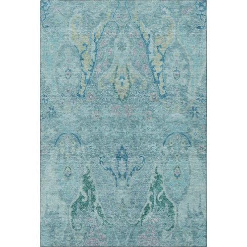 8' X 10' Blue Teal And Artichoke Green Floral Washable Area Rug With UV Protection