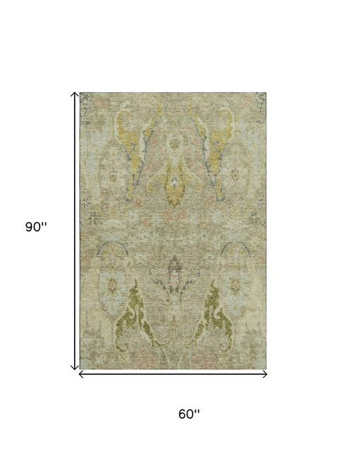 5' X 8' Khaki Gold And Beige Floral Washable Area Rug With UV Protection