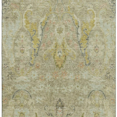 5' X 8' Khaki Gold And Beige Floral Washable Area Rug With UV Protection