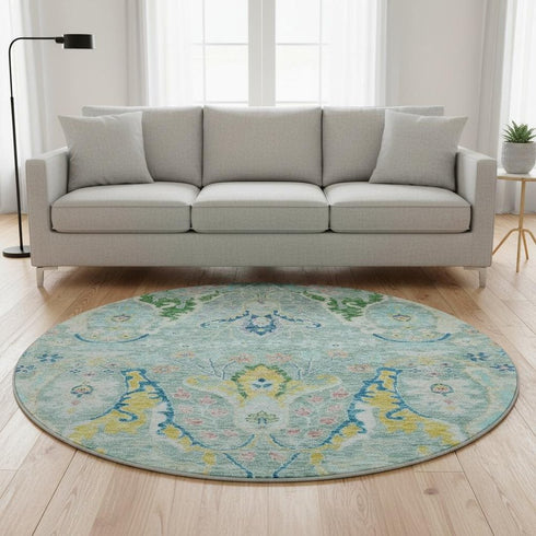 8' Teal Gold And Blue Floral Washable Round Rug With UV Protection