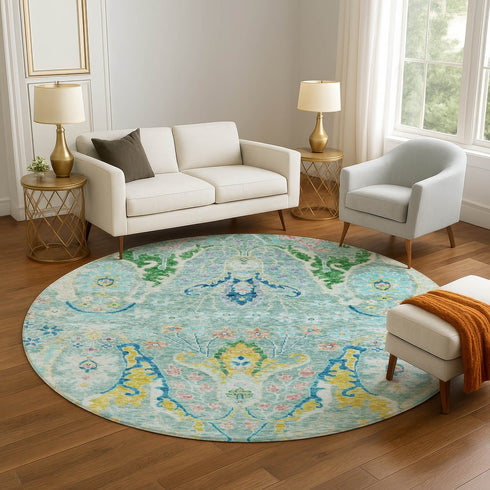 8' Teal Gold And Blue Floral Washable Round Rug With UV Protection