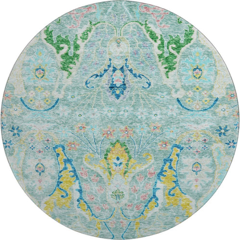 8' Teal Gold And Blue Floral Washable Round Rug With UV Protection