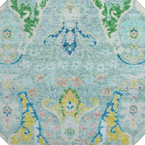 8' Teal Gold And Blue Floral Washable Round Rug With UV Protection